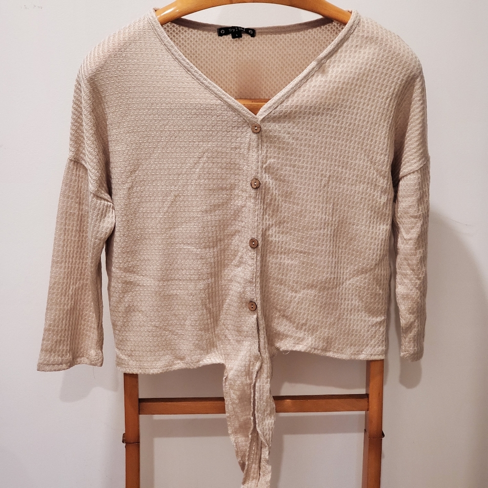 Try! This Tan Button Down Front Knot Long Sleeve Large
